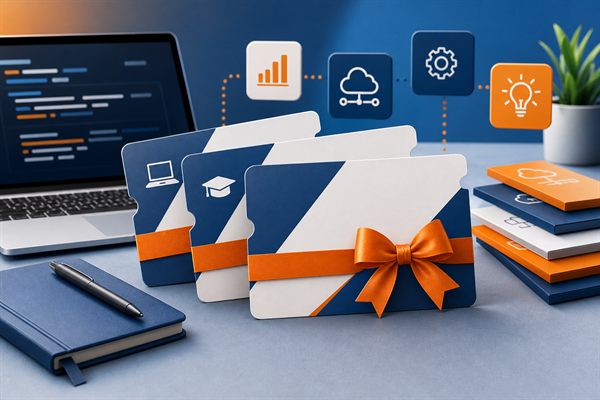 IT-Schulungsgutscheine mit Laptop als Motiv für ppedv Voucherpakete